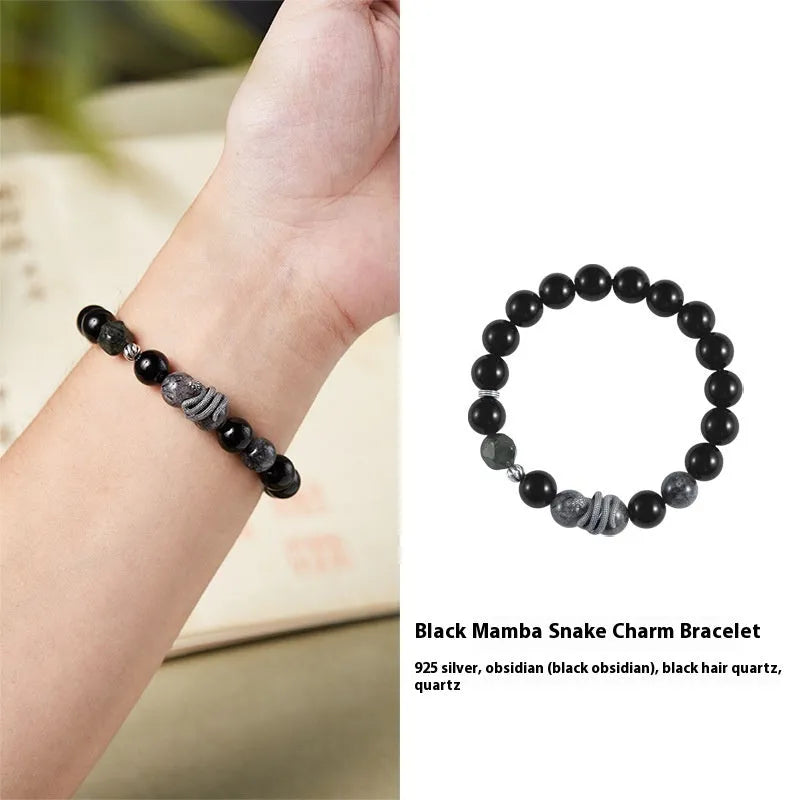 Men's S925 sterling silver bracelet with obsidian black hair crystal snake year design measuring 10mm width