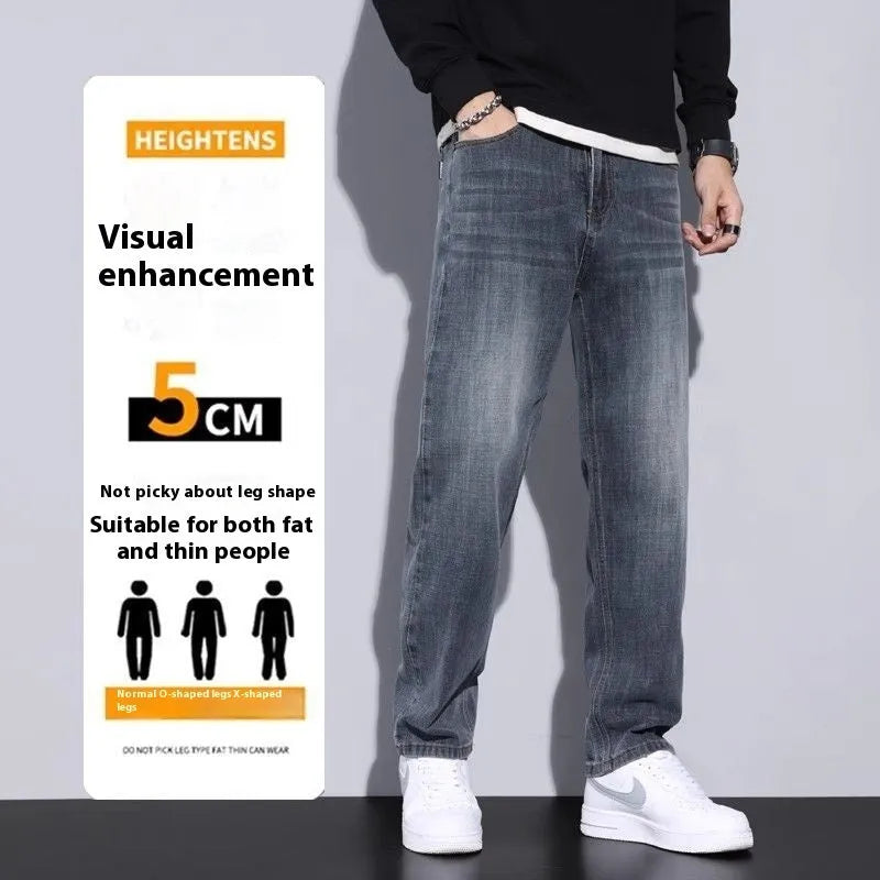 Men's straight leg casual jeans in black cotton denim with non-iron finish, side view.
