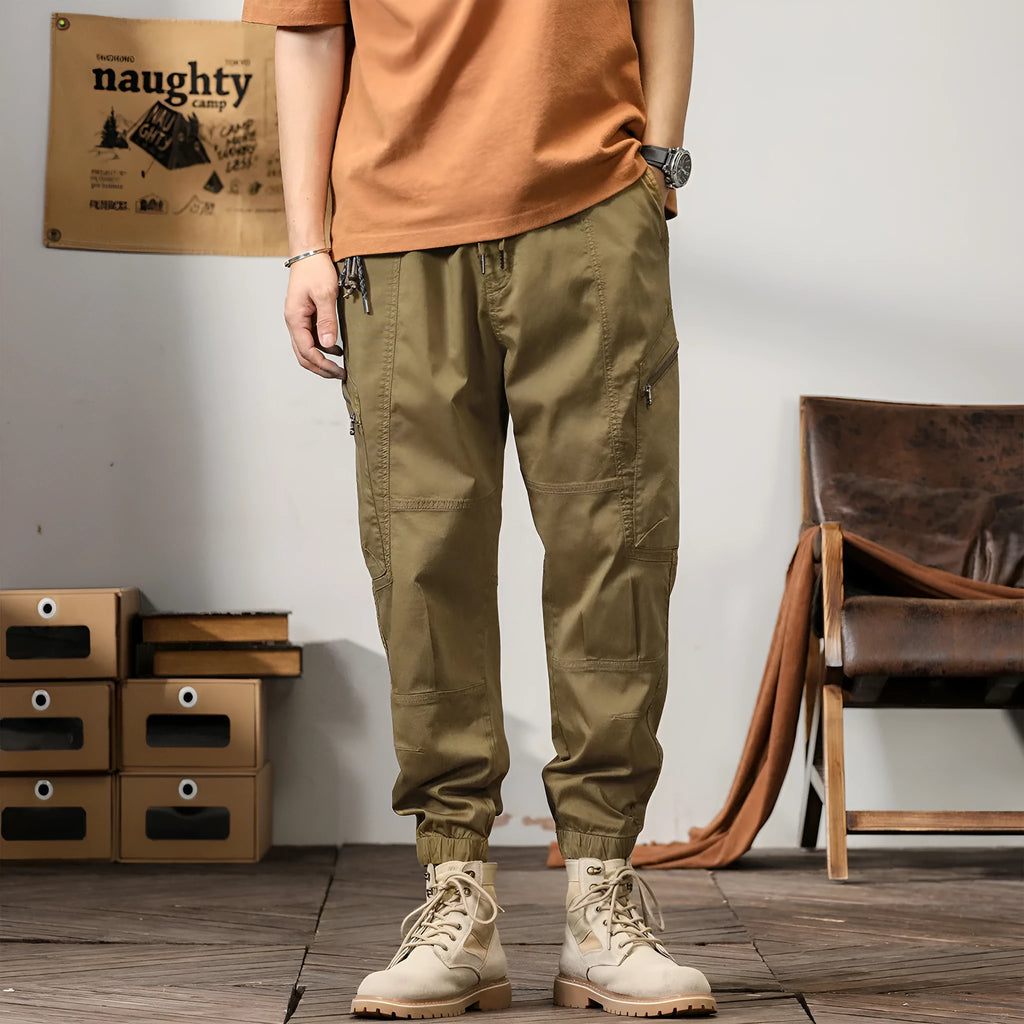 Men's cotton tapered harem pants with ankle band design in khaki colour