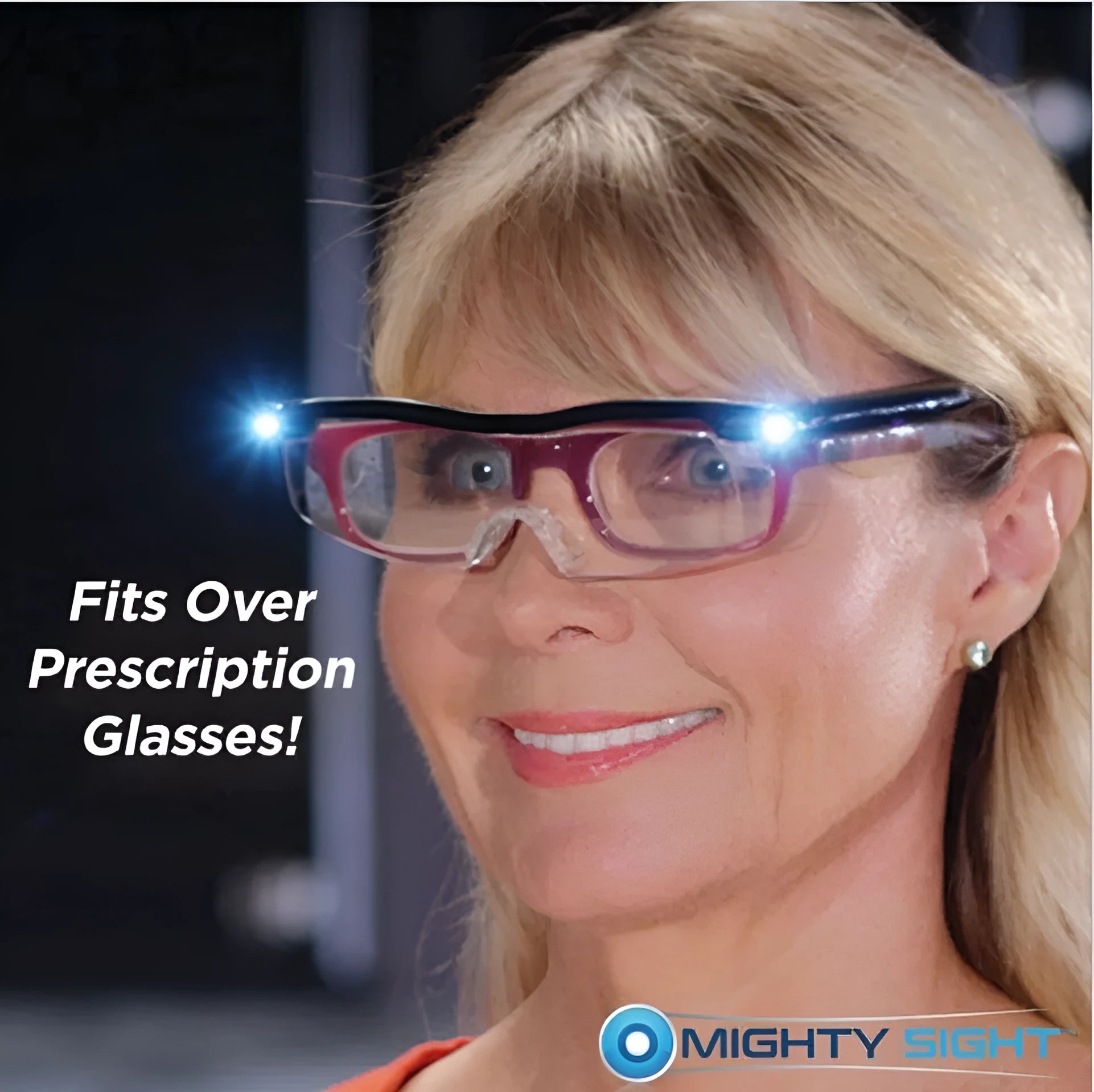 Transparent black USB LED reading glasses with illuminated frame on a desk