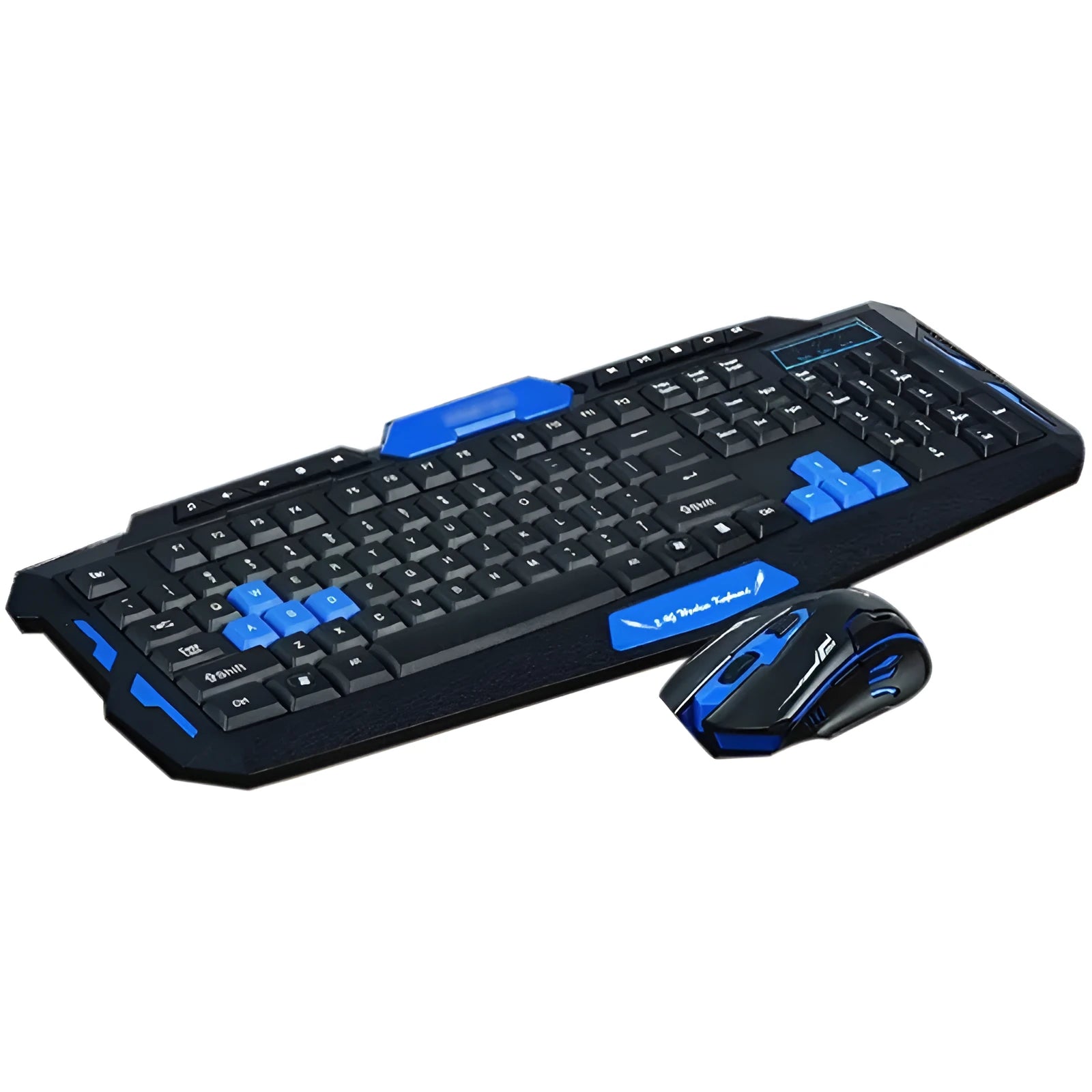 Black wireless keyboard and mouse with blue accents on desk