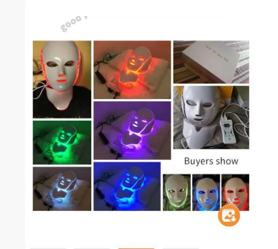 White LED light therapy face mask with opaque eye protection, remote control, and neck care section on a flat surface