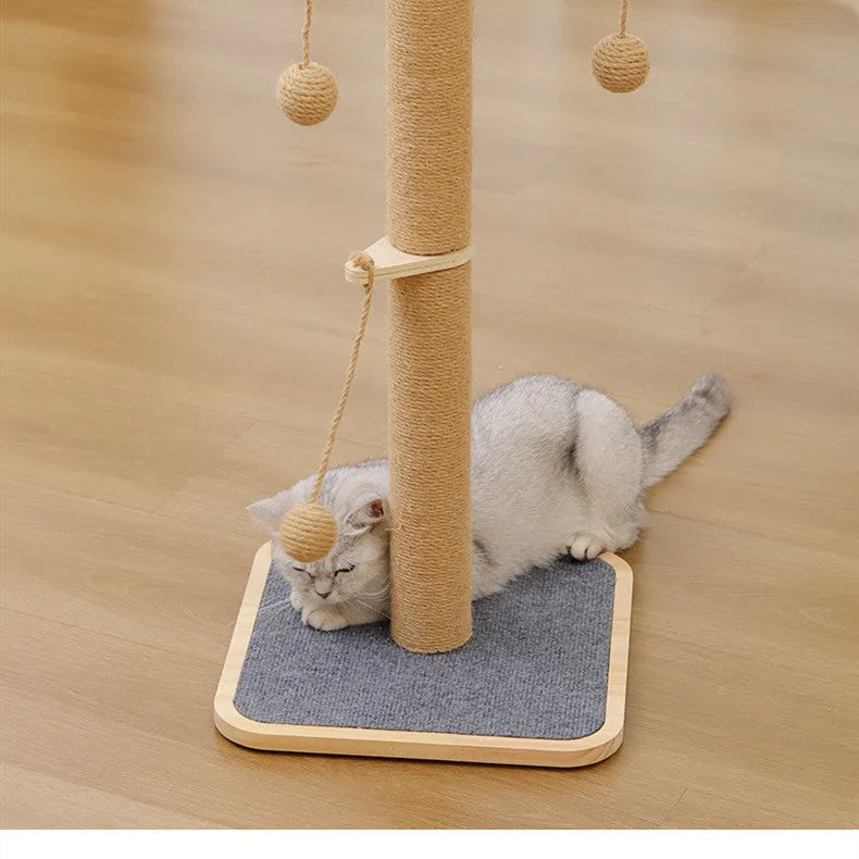 Windmill design cat climbing frame made of pine wood with a hanging ball toy and carpet leather surfaces.