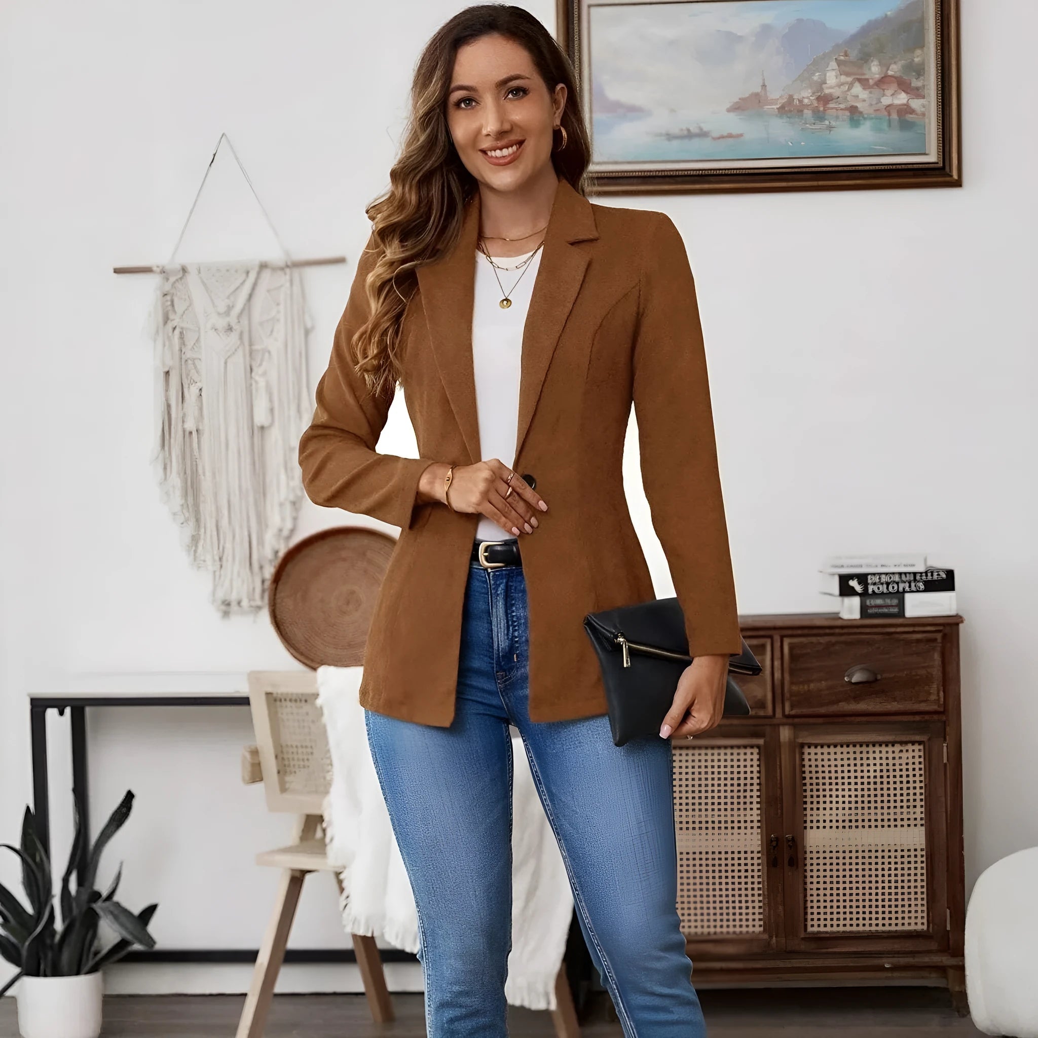 Brown men's single-breasted lapel coat with long sleeves on a hanger