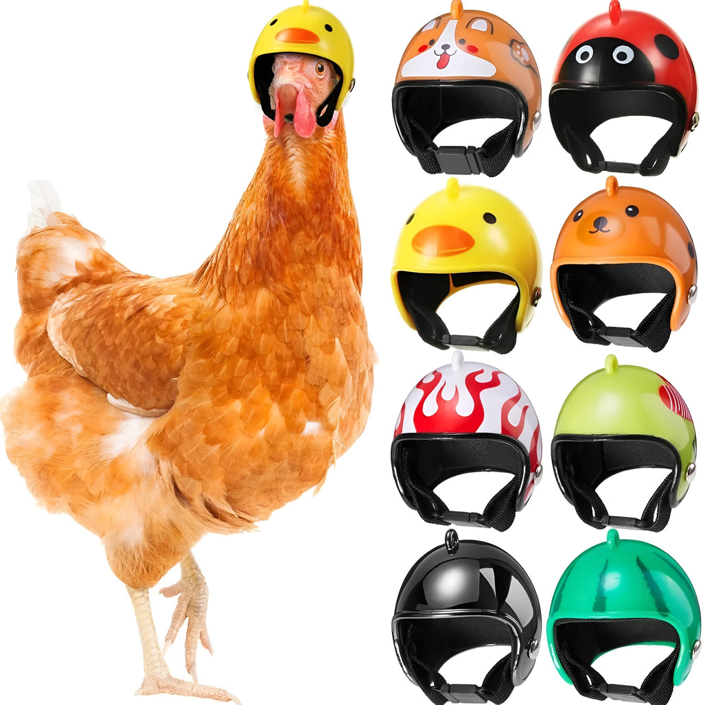 Small hard plastic helmet for a chicken or bird with elastic straps and a colourful design.