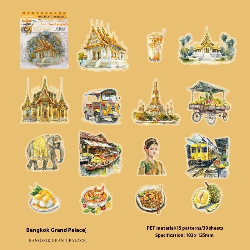 Architecture journal stickers with retro style world landmark designs including Paris Arc de Triomphe and London Big Ben