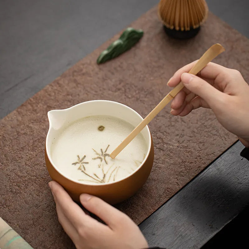 Guyun matcha eight-piece ceramic set with thread pointed bowl, tea stand, spoon, and accessories