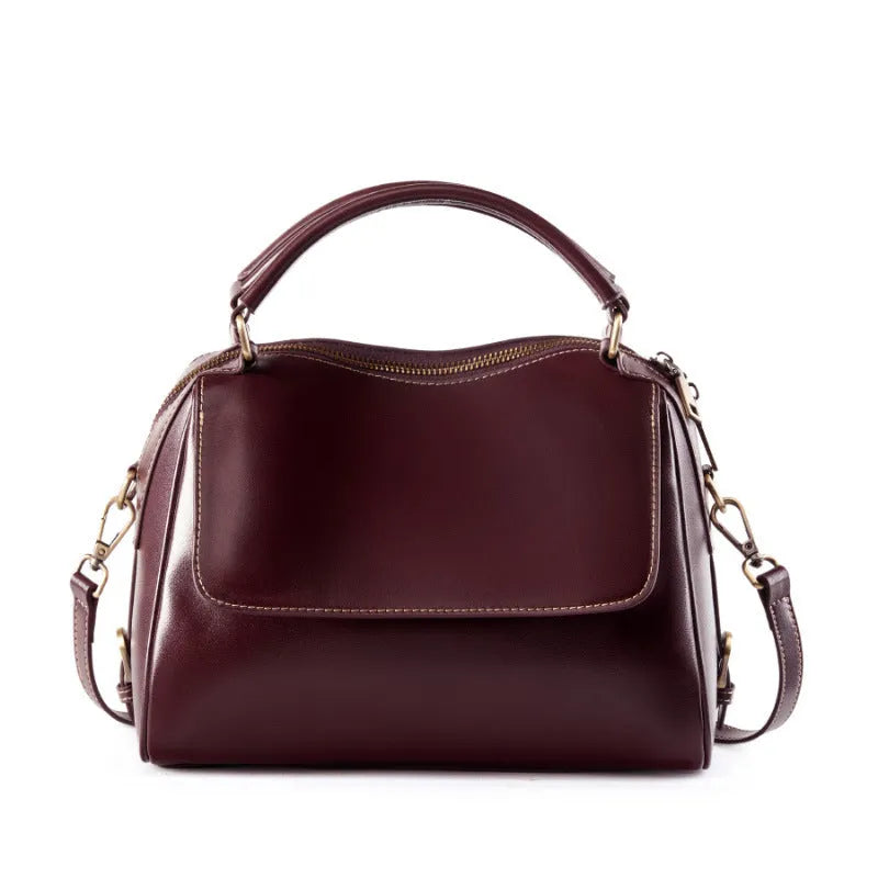 Women's genuine leather crossbody tote bag in cross-square shape with double straps and internal compartments