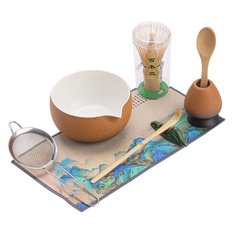 Guyun matcha eight-piece ceramic set with thread pointed bowl, tea stand, spoon, and accessories
