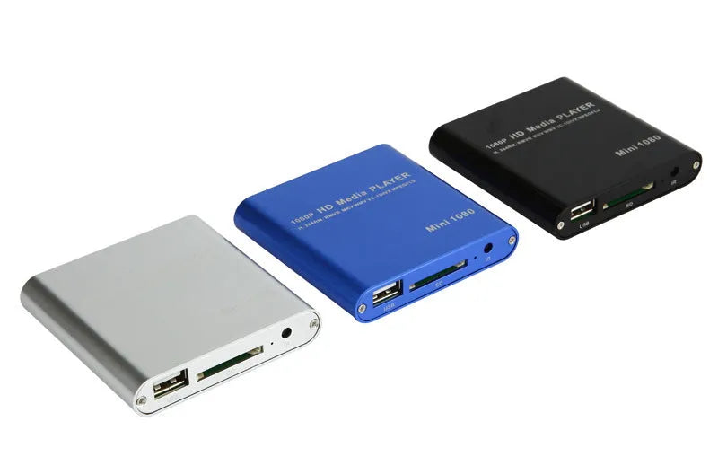 Compact black or blue 1080P Full HD media player with HDMI port for SD cards and USB drives