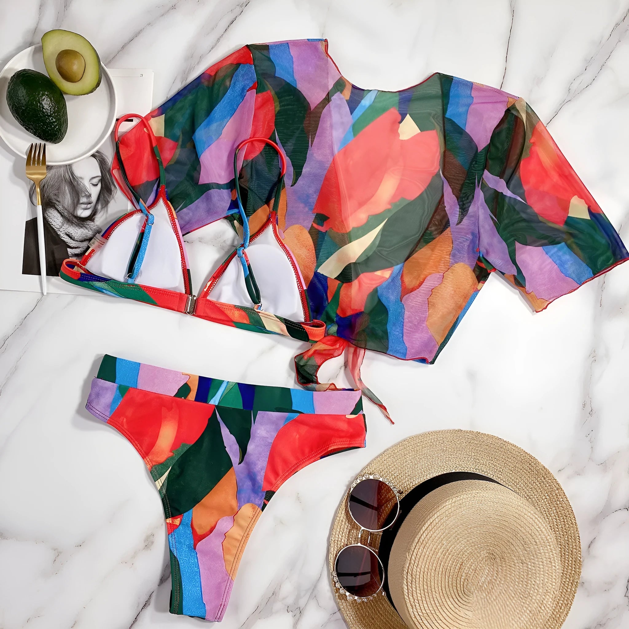 Red women's split swimsuit with printed design for swimming and water sports