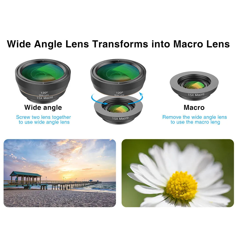 6-in-1 universal smartphone camera lens kit showing fisheye, wide angle, macro and telephoto lenses in black aluminium housings