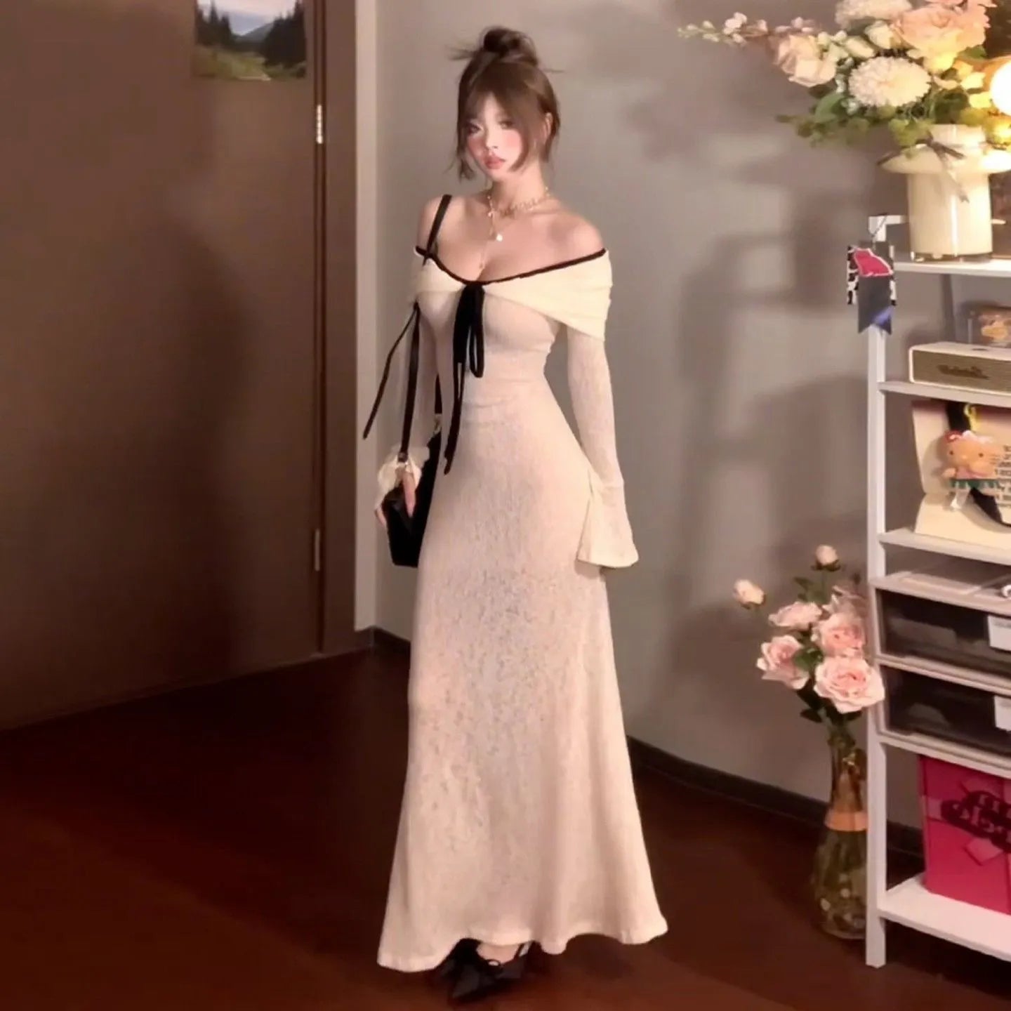 Off-shoulder long-sleeved knitted dress for women in white with high waist polyester fabric