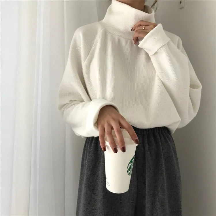 Women's loose-fit half-high collar long sleeve top in pure colour