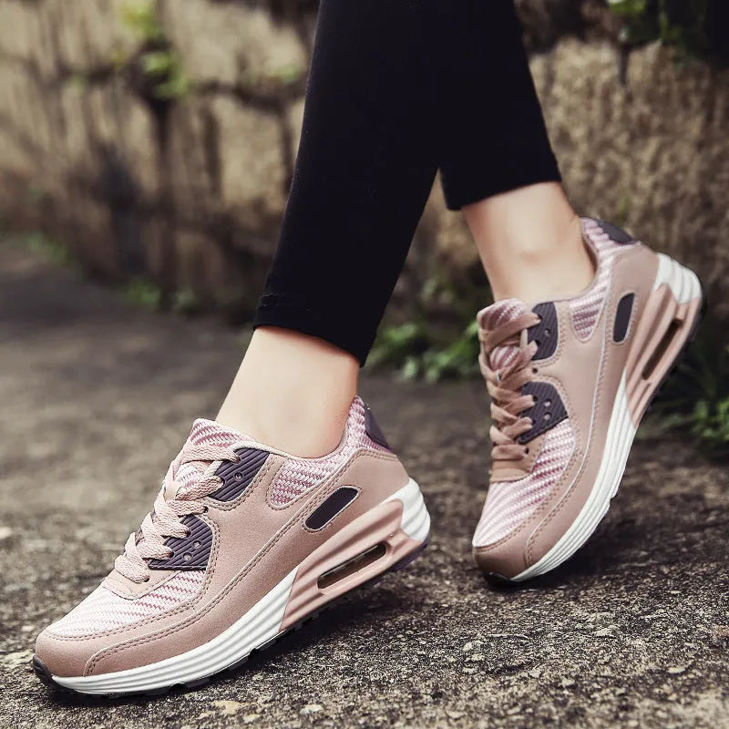 Women's casual shoes with a low heel in beige, grey, and pink colour options showing size chart.