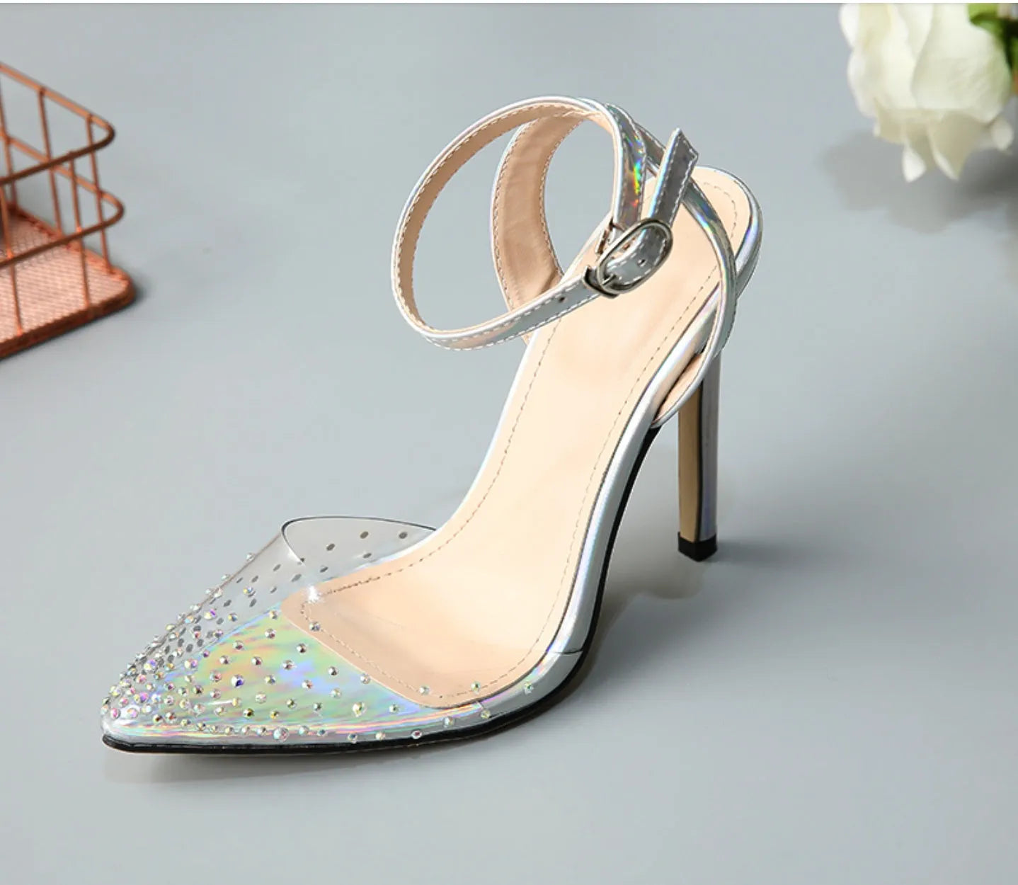Women's pointed toe sandals with stiletto heels and diamond detail in glossy PVC material