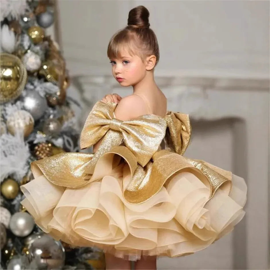 Gold satin one-year-old celebration dress for baby girl in princess style, polyester fabric, available in 80-150cm heights
