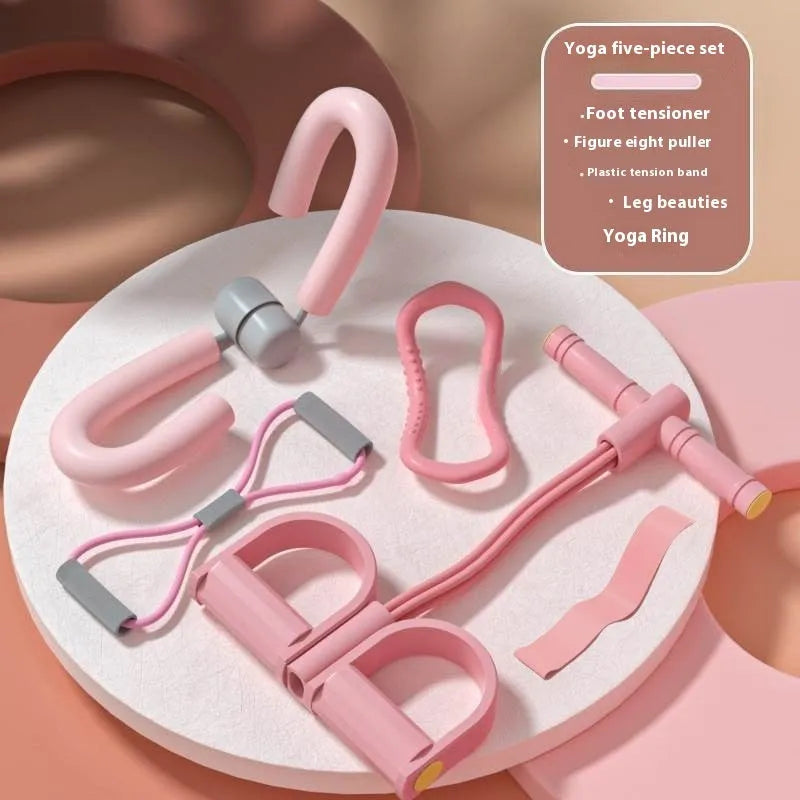 Yoga four piece fitness set showing leg stretching device, foot pedal resistance band, yoga ring, and figure eight tension rope