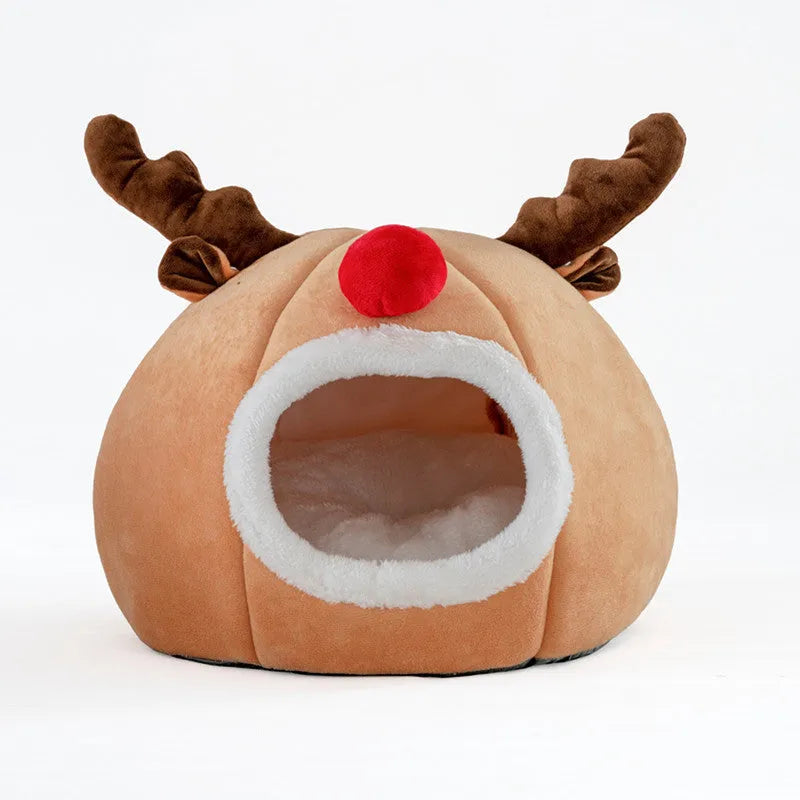 Christmas reindeer pet tent in camel colour, small size, with soft plush exterior and fleece lining