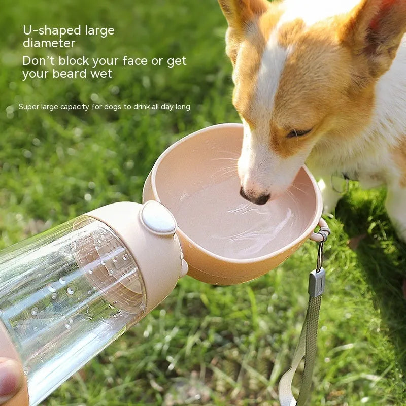 Portable dog water bottle and food container feeder bowl for travel in brown pink yellow colour options