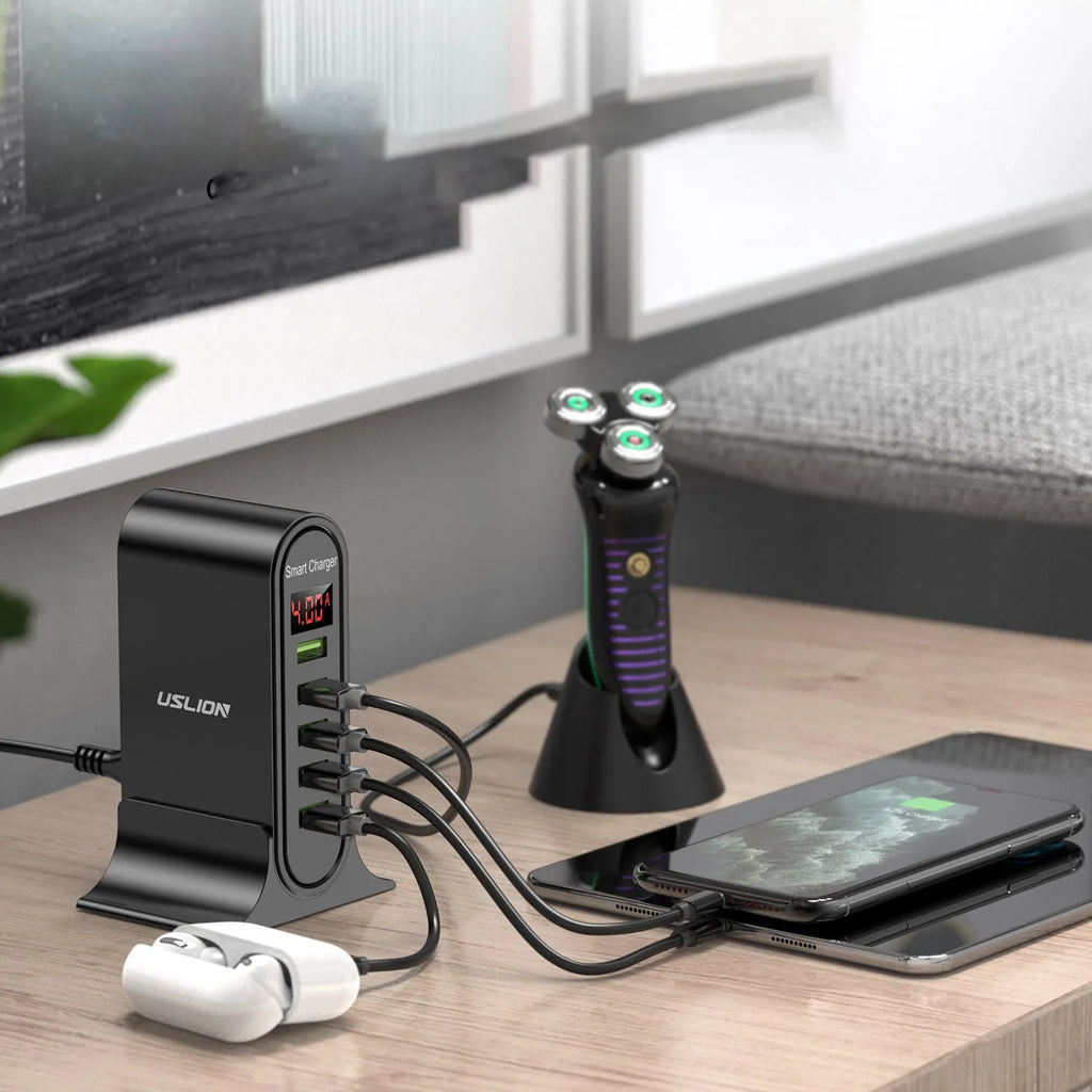 Black and white Smart LED Digital Display USB wall charger showing UK, US, and EU plug options.