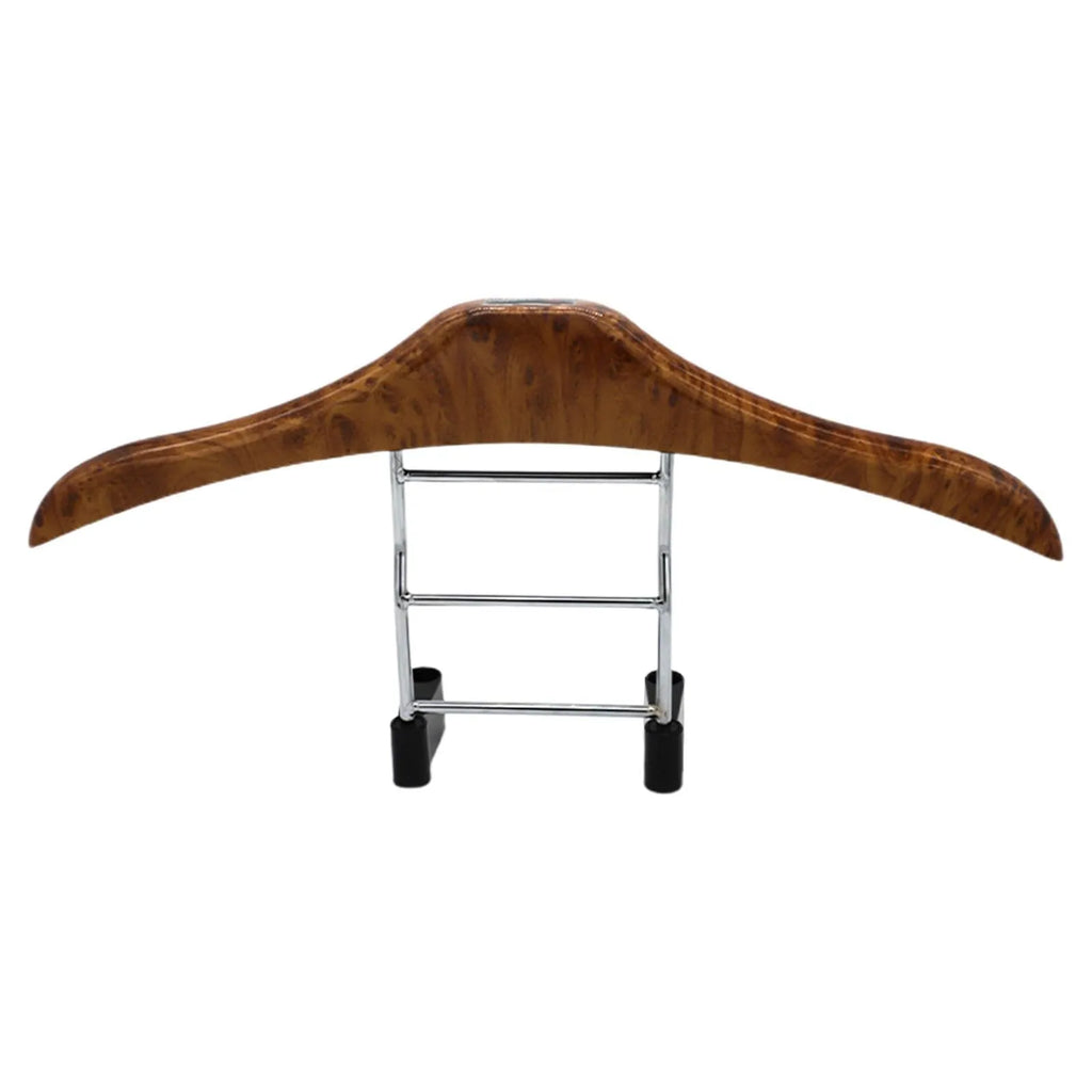 Wood yellow stainless steel car clothes hanger with detachable hook on white background.