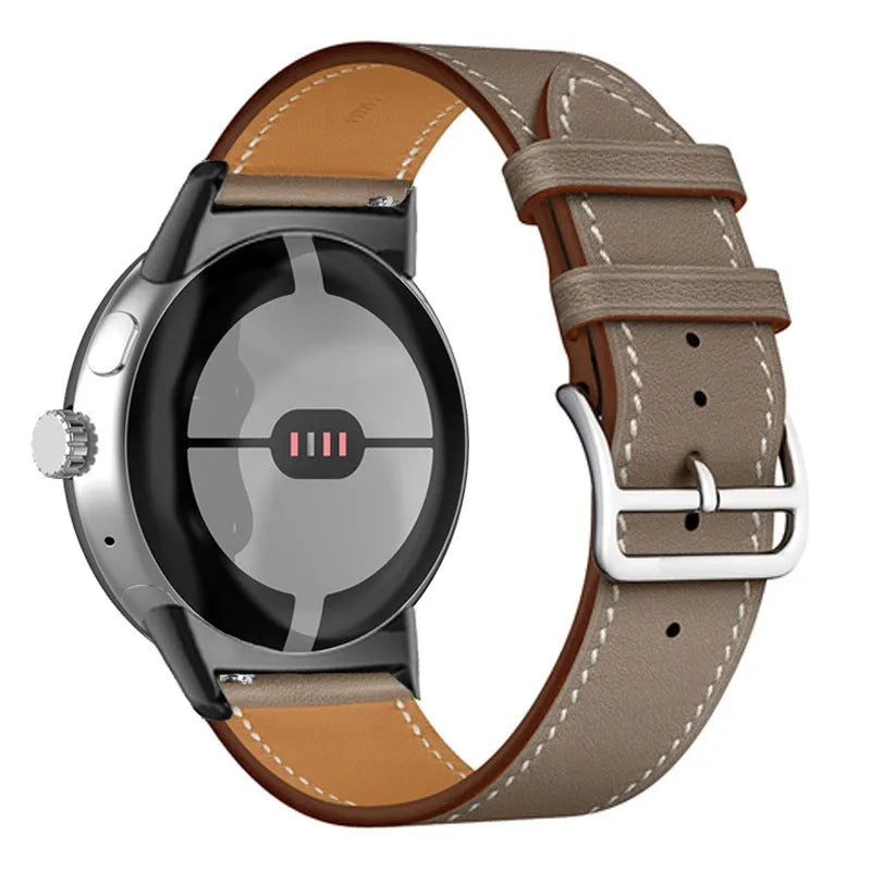 Google Pixel watch microfiber PU leather contrast colour replacement strap in Amber, black and silver head grain options