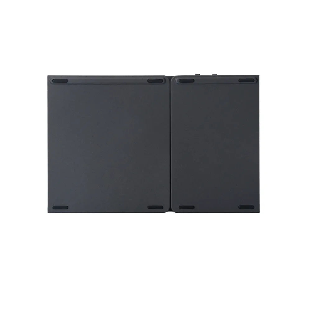 Tri-fold folding Bluetooth keyboard with touchpad in black or silvery white, shown folded and unfolded