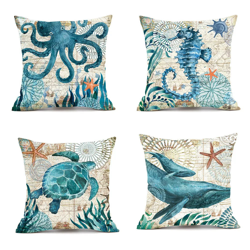 Linen cushion cover sea turtle printed pattern 45x45cm with invisible zipper