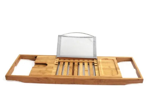 Bamboo bathtub frame with one shelf for bathroom storage, designed for desktop installation.