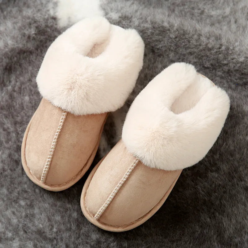 Cotton slippers with suede upper and artificial wool lining in beige, round toe, non-slip sole for home use