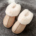 Cotton slippers with suede upper and artificial wool lining in beige, round toe, non-slip sole for home use