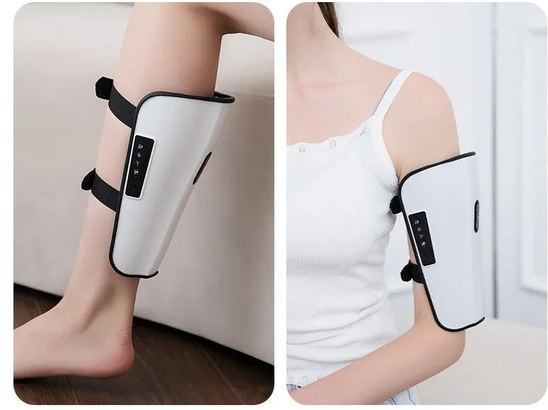 White plastic leg and calf massager device with a mechanical control panel and a USB Type-C charging port.
