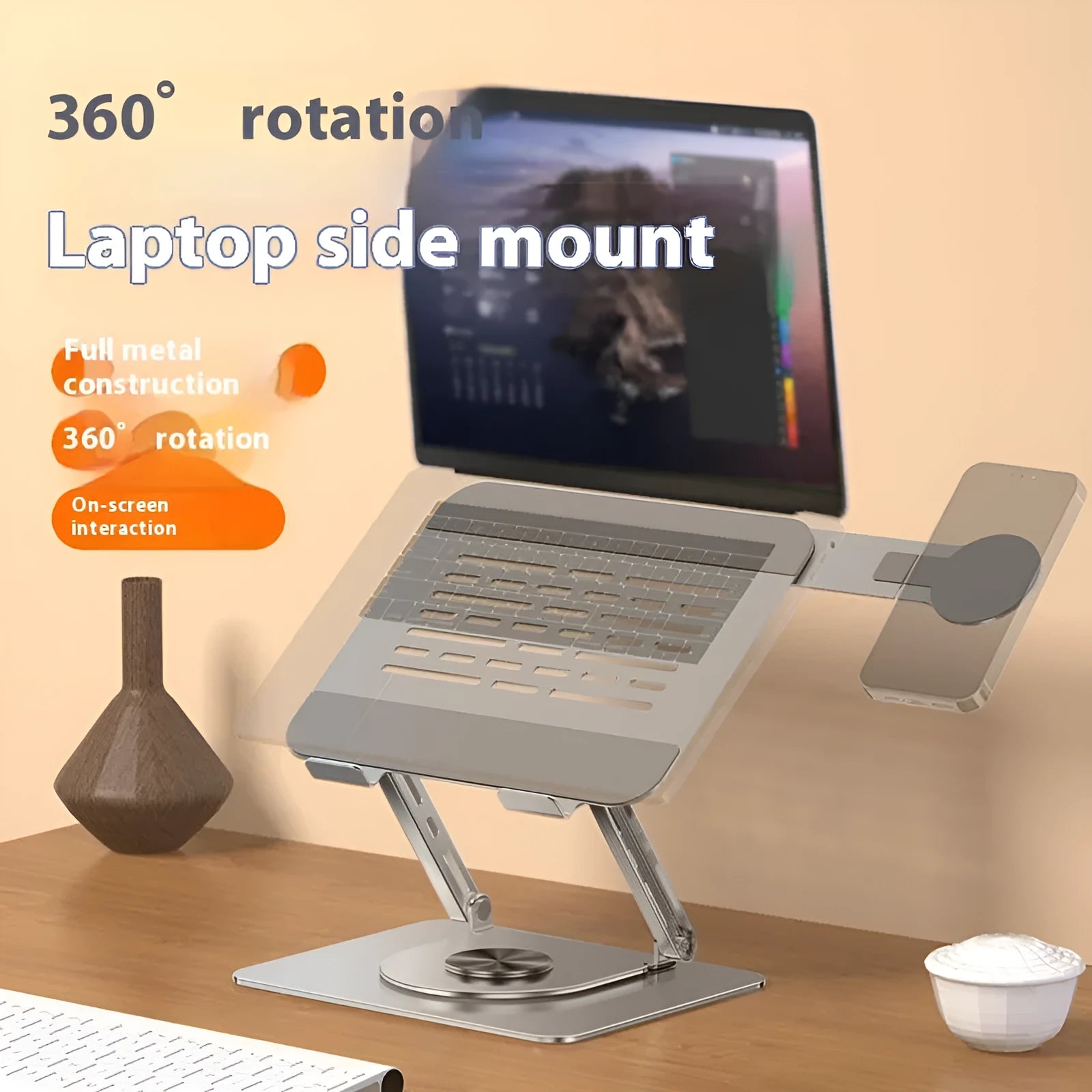 Silver carbon steel laptop stand with 360-degree rotation and side magnetic phone holder for 17-inch laptops