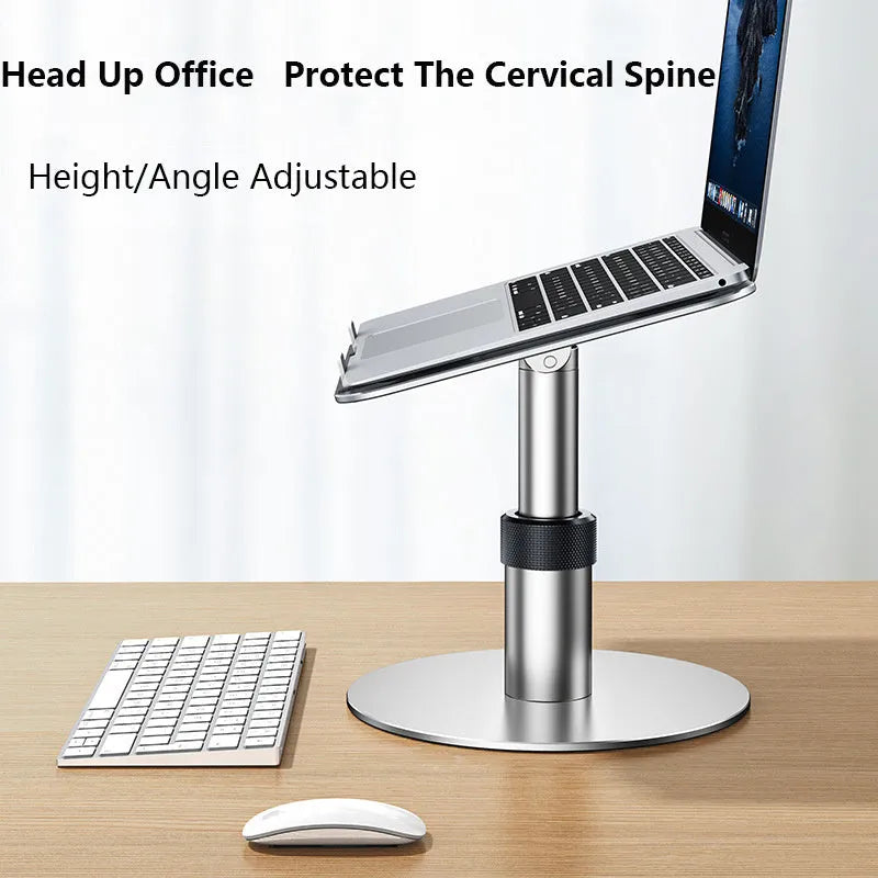 Silver aluminium laptop stand with height adjustment and rotating base for car use