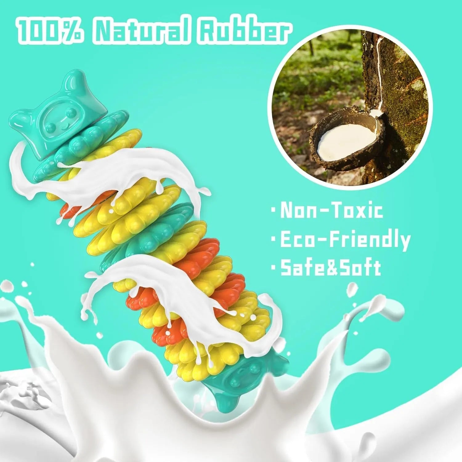 Blue green and pink natural rubber caterpillar-shaped dog chew toy on a white background