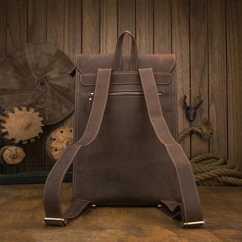 Dark brown genuine leather men's travel bag with vertical square design and shoulder straps