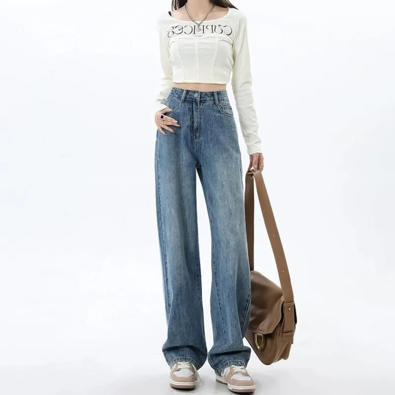Women's retro blue high-waist wide-leg jeans with straight cut on a model