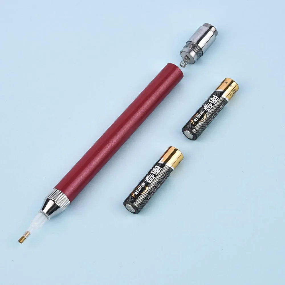 Luminous single-head diamond painting drill pen in gold, red, or blue with metal frame.