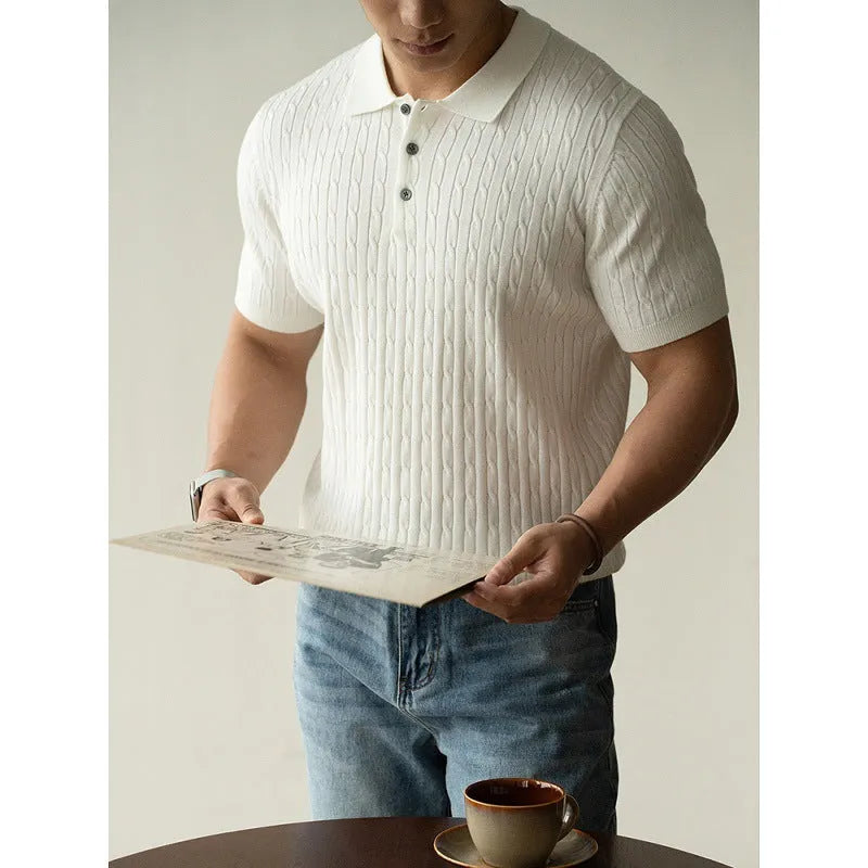 Men's khaki short sleeve business casual top showing front view with Asian fit sizing label