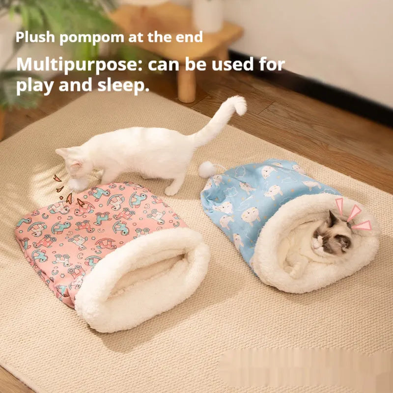 Flannel cat sleeping bag nest pet bed in blue rabbit design measuring 50 x 40 cm