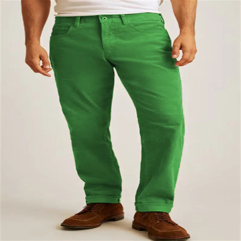 Straight-leg corduroy trousers in green colour with mid-waist styling and zip fly opening