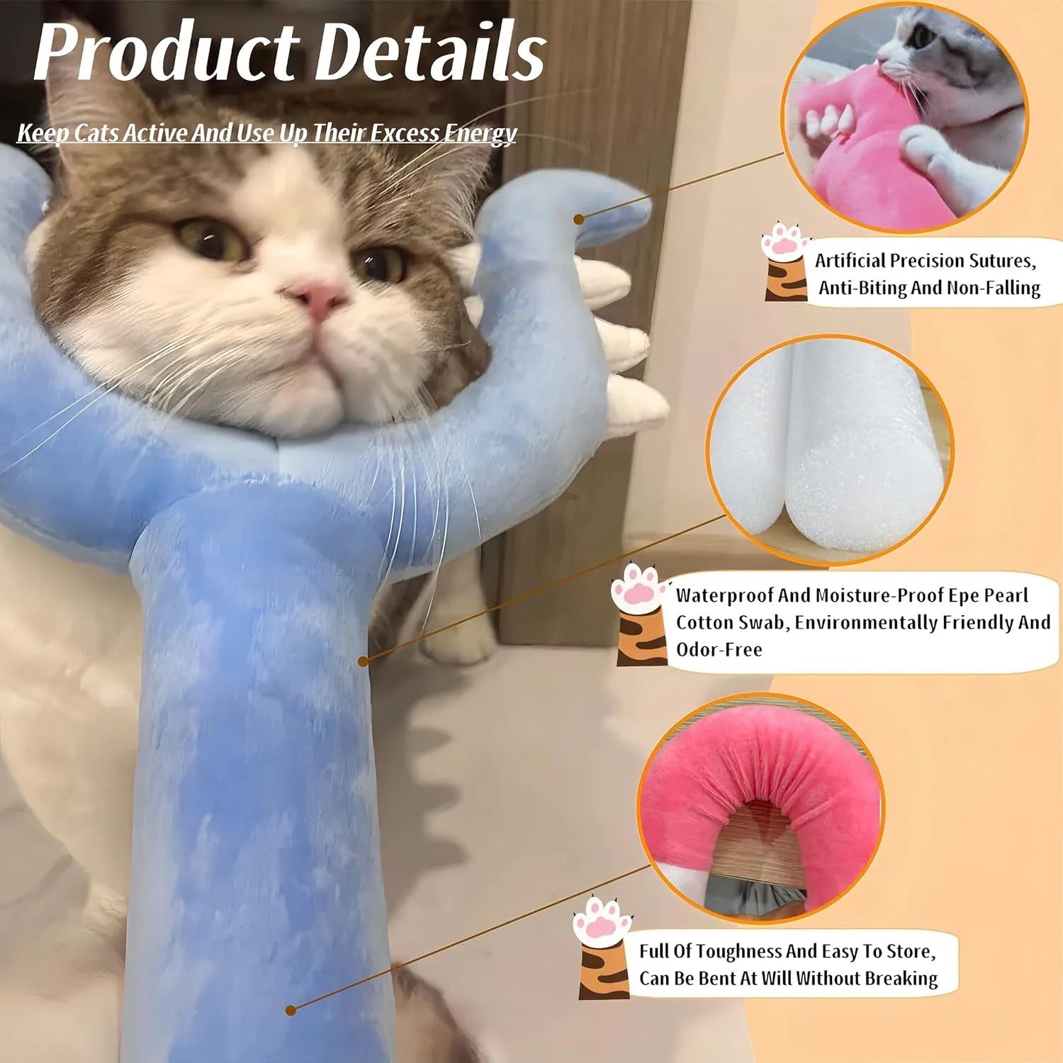 Blue plush cat wand toy with foam-filled head measuring 70cm length for interactive pet play