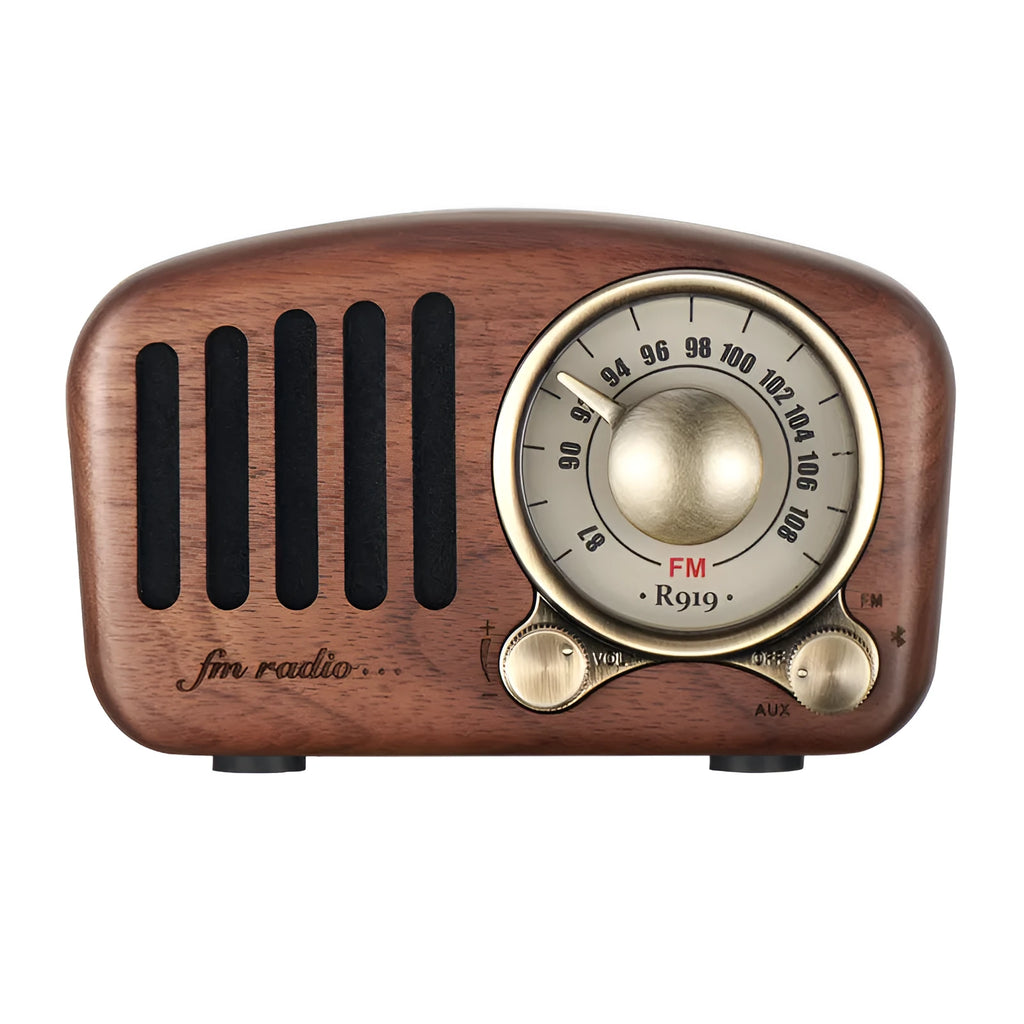 Retro wooden wireless mini speaker in cherry wood or walnut finish with 5W output and Bluetooth connectivity
