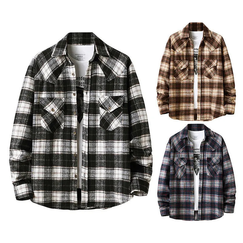 Men's long sleeve flannel plaid shirt jacket with corduroy contrast design on cuffs and collar, black colour