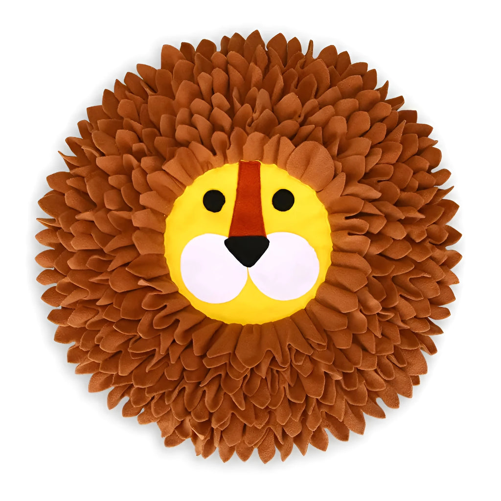 Brown lion-shaped sniffing pad pet toy for dogs and cats on a floor.