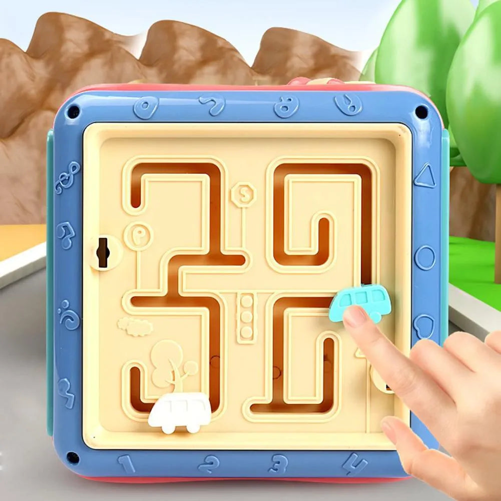 Colourful six-sided Montessori educational toy cube with bead maze, gears, and shape sorting activities