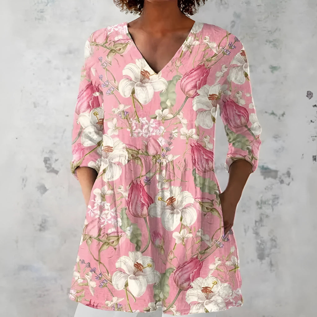 Women's slim fit long-sleeved top with a retro digital print pattern in a colour option.