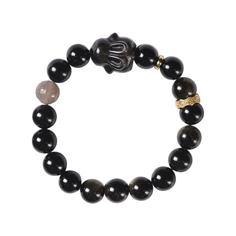 Handmade lying rabbit charm obsidian bracelet in Jin Yaoshi with gray agate details, national style unisex jewellery.