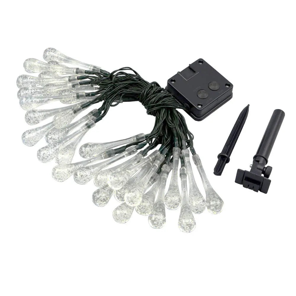 Outdoor solar LED string lights with bubble drop pendants on 6.5 metre waterproof cable